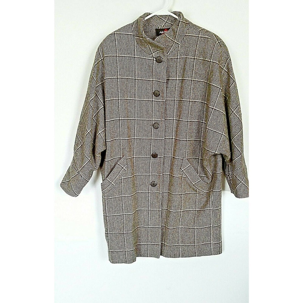 Vintage Alorna 100% Wool Gray Tweed Button Down Coat Grid Pattern Dolman…